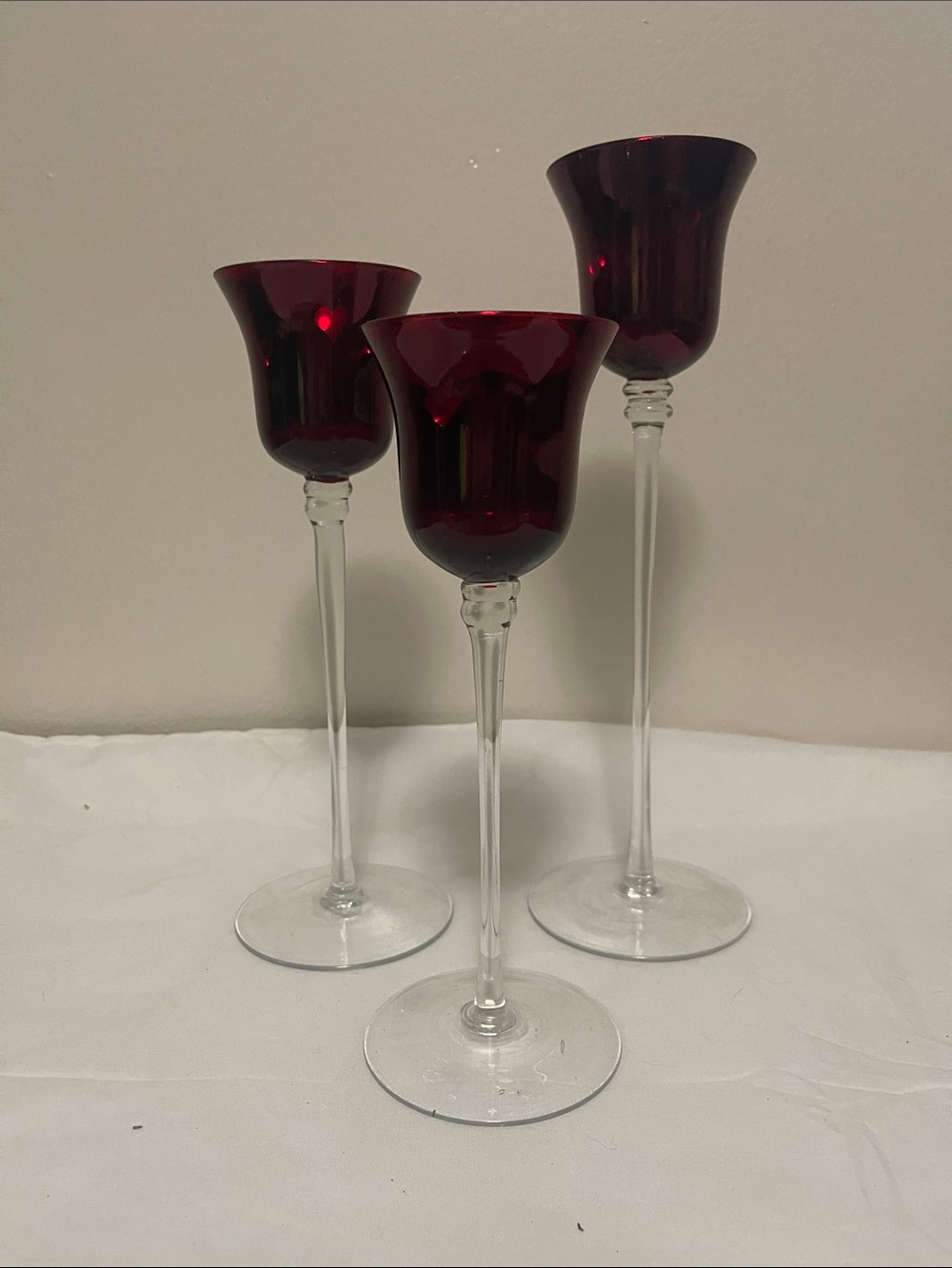 Red Glass Stem Candle Holders - Set of 3